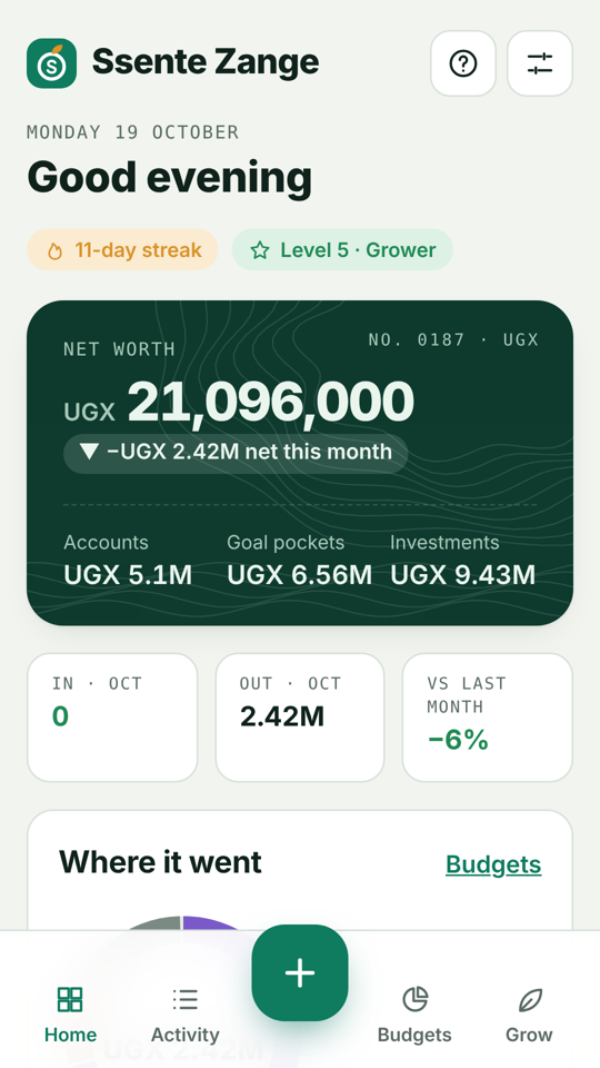 Ssente Zange home screen showing net worth, monthly spending and a daily streak